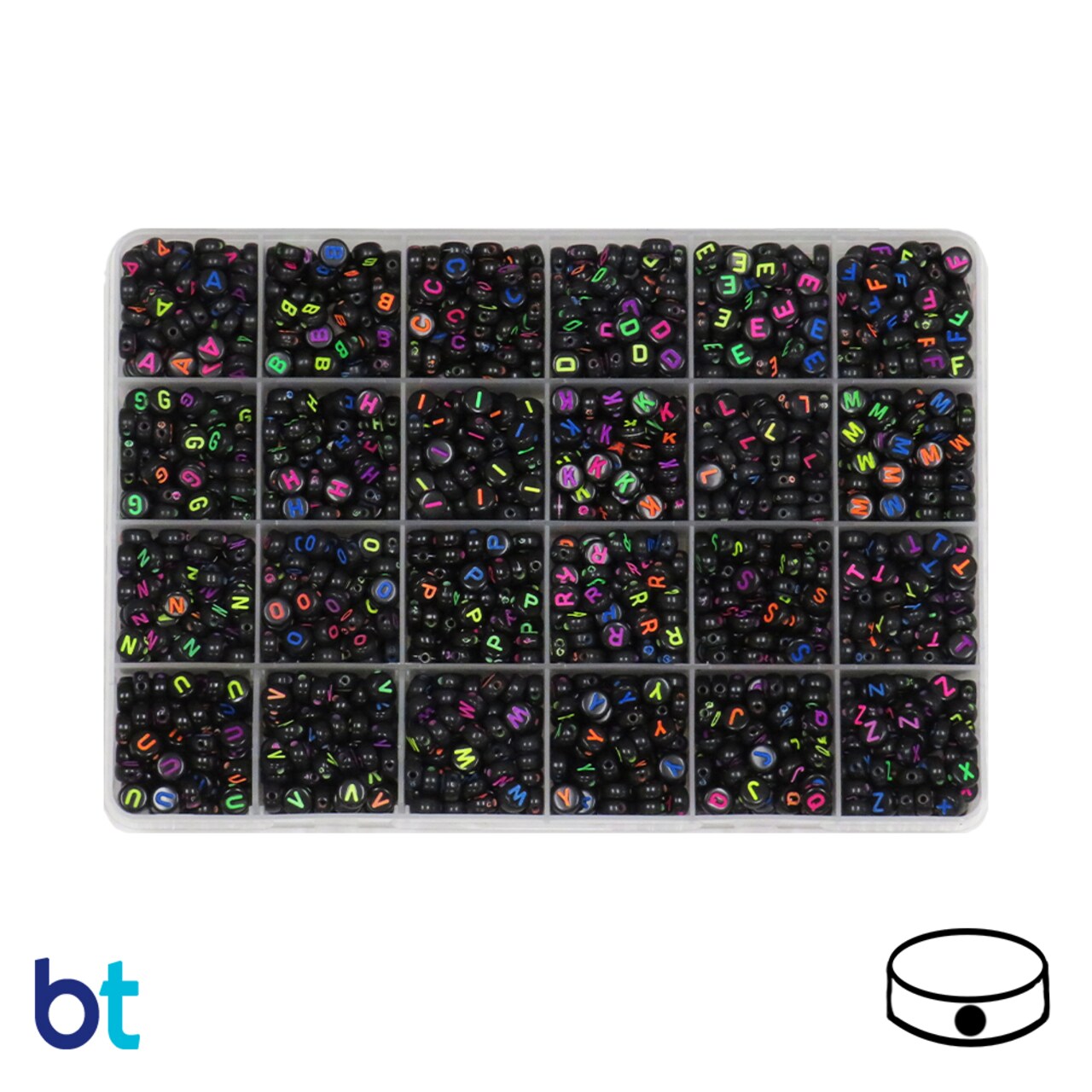 BeadTin Black Opaque 7mm Coin Alpha Beads - Colored Letters (Box Set)